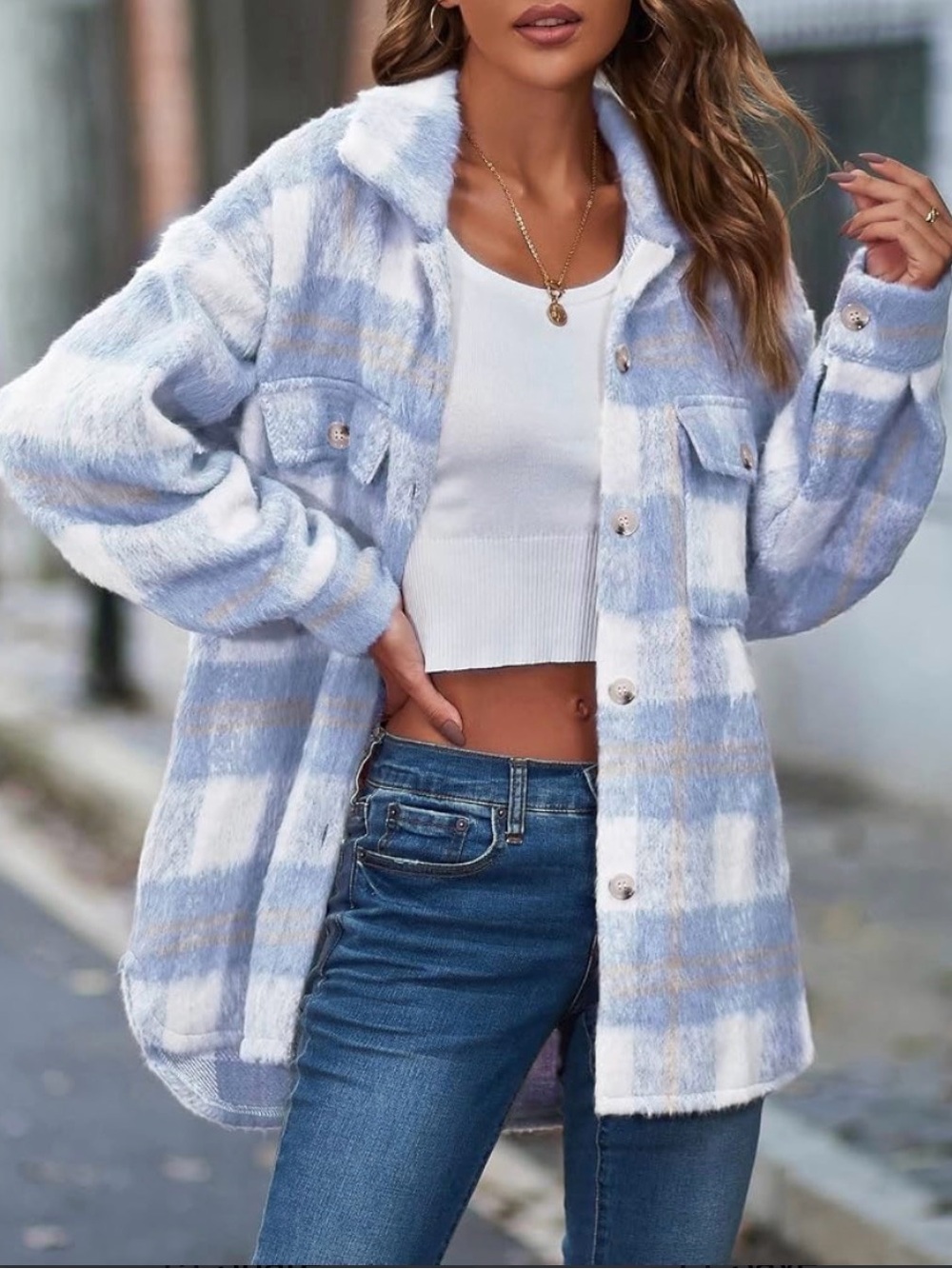 Light Blue & White Plaid Fuzzy Shacket Jacket